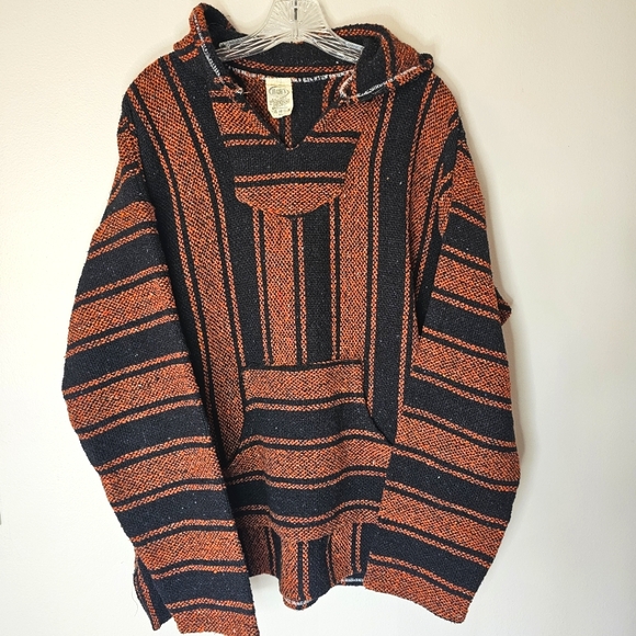 Vintage 90's Mexican Baja Jacket Hoodie Poncho Pullover Sz XL Black & Orange Y2k - Picture 1 of 6